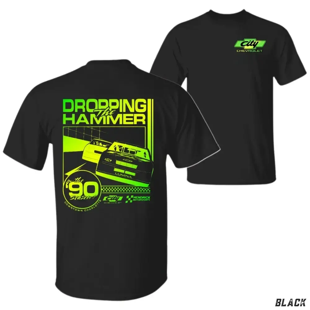 Dropping the Hammer Chevy Short-Sleeve Casual Round Neck Top - Retro 90s Stock Car Racing Graphic, Neon Green Speed Track Shirt for Motorsports Enthusiasts & Pit Crew Drivers, Shortsleeve