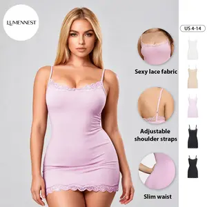 LUMENNEST Lace Series Women's Spaghetti Strap Lace Trim Breathable Nightdress, Minimalist Solid Color Mini Dress, Seamless Lightweight Chic Nightdress