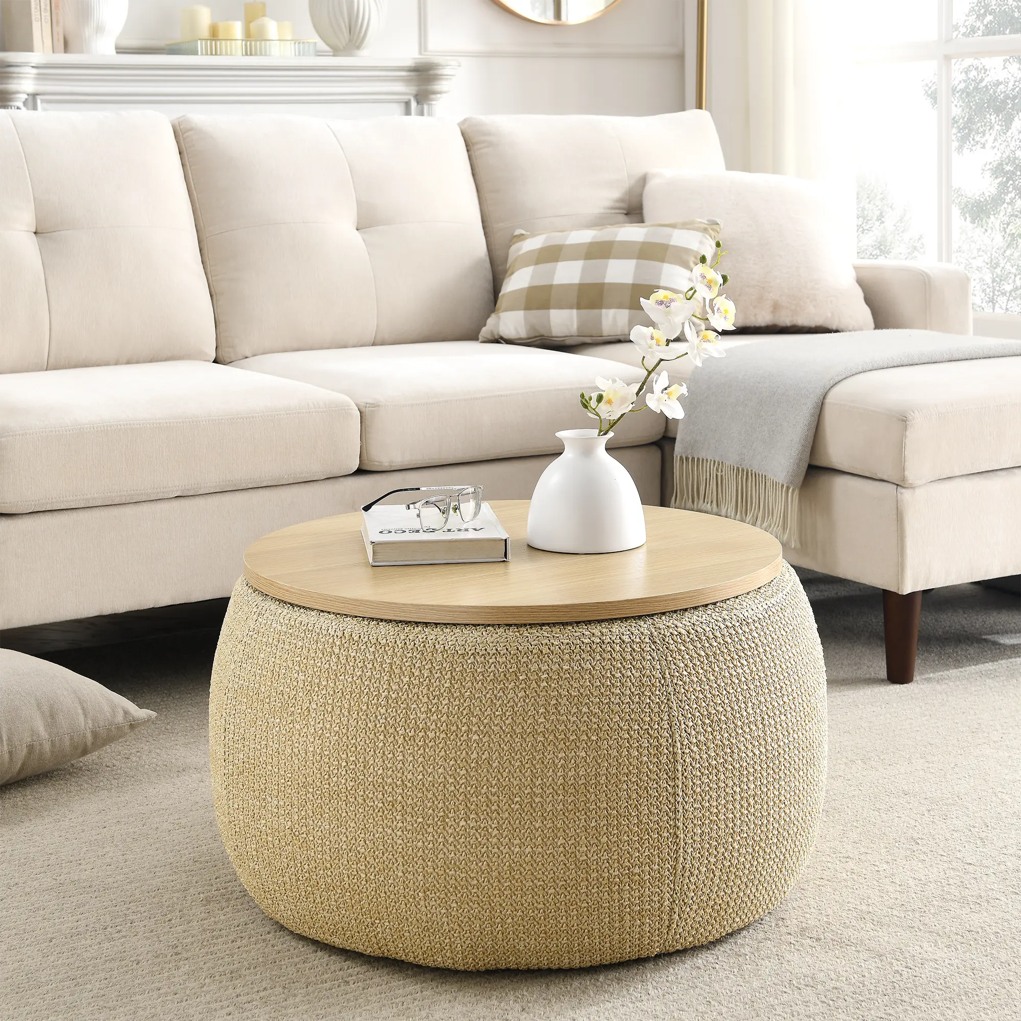Modern Round Storage Ottoman with Wooden Top,Handmade Luxury Pleated Circle Fabric Storage Ottoman Coffee Table,End Table for Living Room