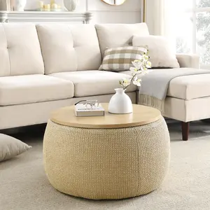 Modern Round Storage Ottoman with Wooden Top,Handmade Luxury Pleated Circle Fabric Storage Ottoman Coffee Table,End Table for Living Room