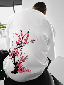 Unisex's Cherry Blossom Tree & Letter Print Short Sleeve Graphic Tee, Casual Style Tee, Regular Fit Casual Crew Neck T-shirt for Summer, Fashion Men's Top for Daily Wear