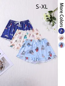 Women's Cat & Dessert Print Bow Decor Shorts, Cute Casual Comfy Elastic Waist Sleep Shorts, Women's Sleepwear for All Seasons, Loungewear, Pajama Set, Pajamas
