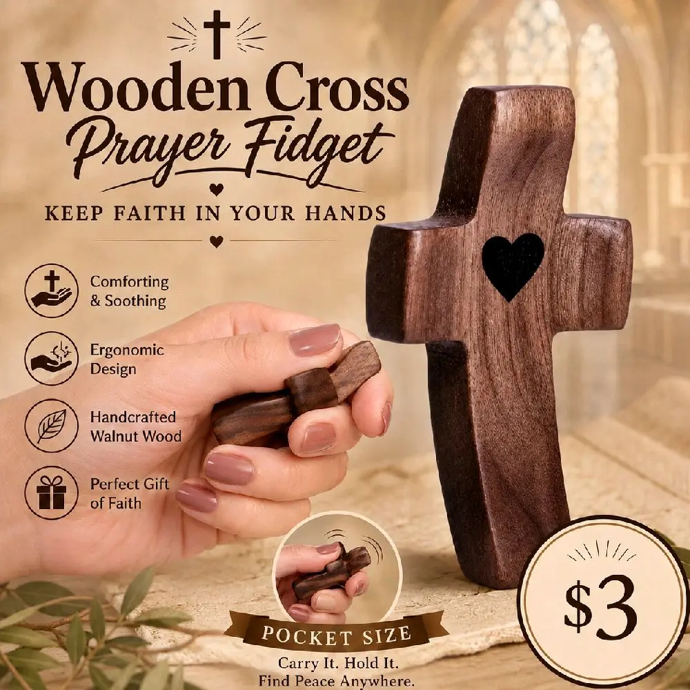 Pocket Cross Handheld Prayer Fidget Black Walnut Wood Christian Faith Stress Relief Handcrafted pocket prayer cross made from natural solid black walnut wood with a smooth, hand-polished finish and tung oil coating. Designed with an ergonomic curved thumb