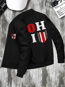 Men's Ohio State Fitted Zipper Letter Jacket, Stand Collar, Front Zip Closure, Print, Casual Fall Winter Outerwear