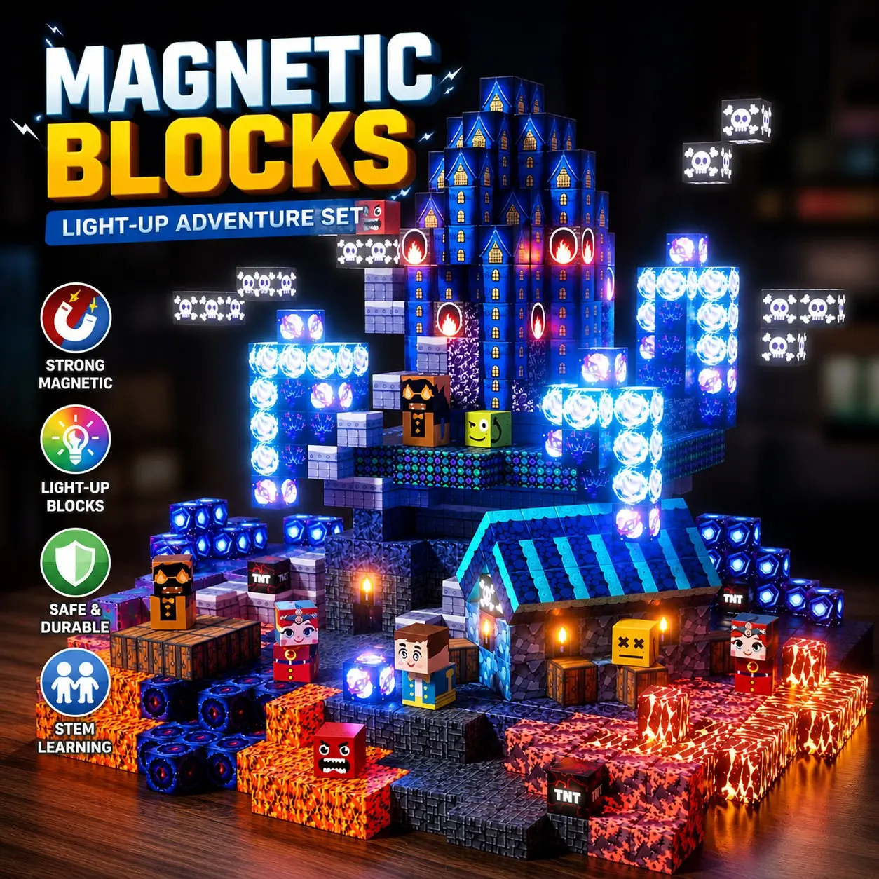 Light Up Magnetic Building Block Set-150PCS Blue Castle with LED Lights Magnetic Blocks, Construction Building Blocks, Light Up Magnet Cubes, STEM Montessori Sensory Toys for Kids Ages 4-8, Multi-function Tiles Safe Toddler Toys Christmas Birthday Gifts