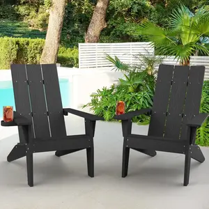 Set of 2 Oversized Modern Adirondack Chairs with Cup Holder Weather Resistant Plastic Outdoor Fire Pit Seating Patio Furniture for Lawn Deck in Black