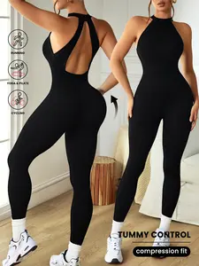 Women's Backless Sleeveless Black Seamless Jumpsuit Yoga Romper Tummy Control Compression Fit for Workout & Fitness Athletic Style Activewear Stylish Activewear