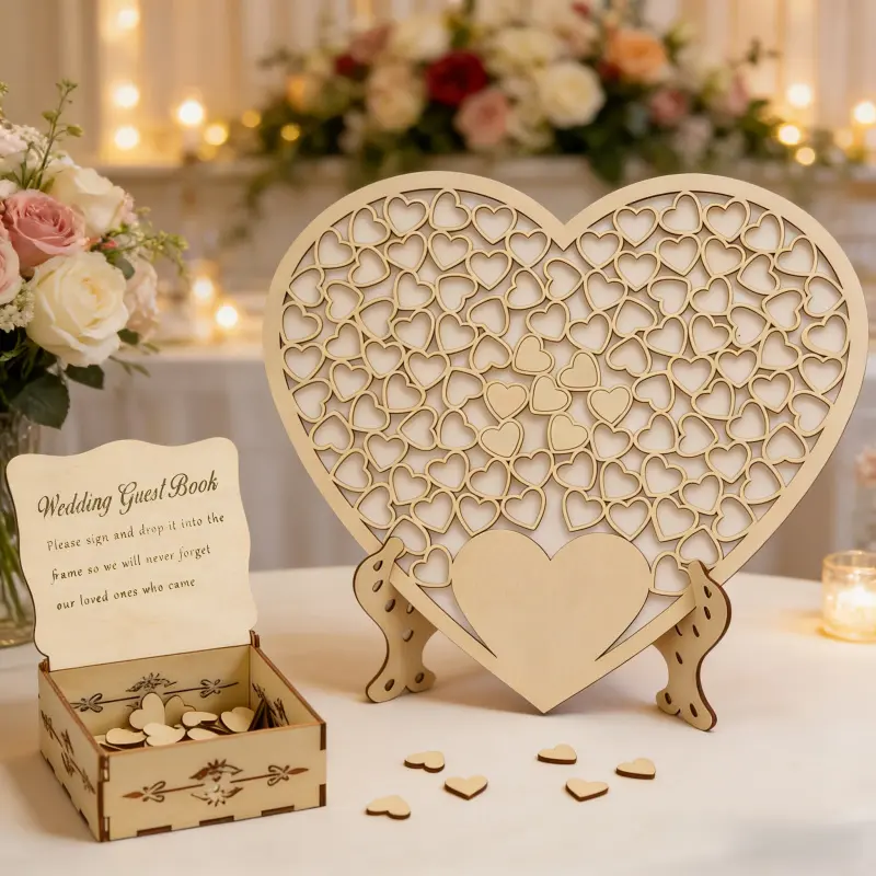 Wooden heart-shaped craft wedding guest message book, wooden box with heart decoration, table decoration, Cute Home Decor, suitable for Valentine's Day, weddings, craft message box, party decoration message book, Home Decor Products, Home Decor Gifts