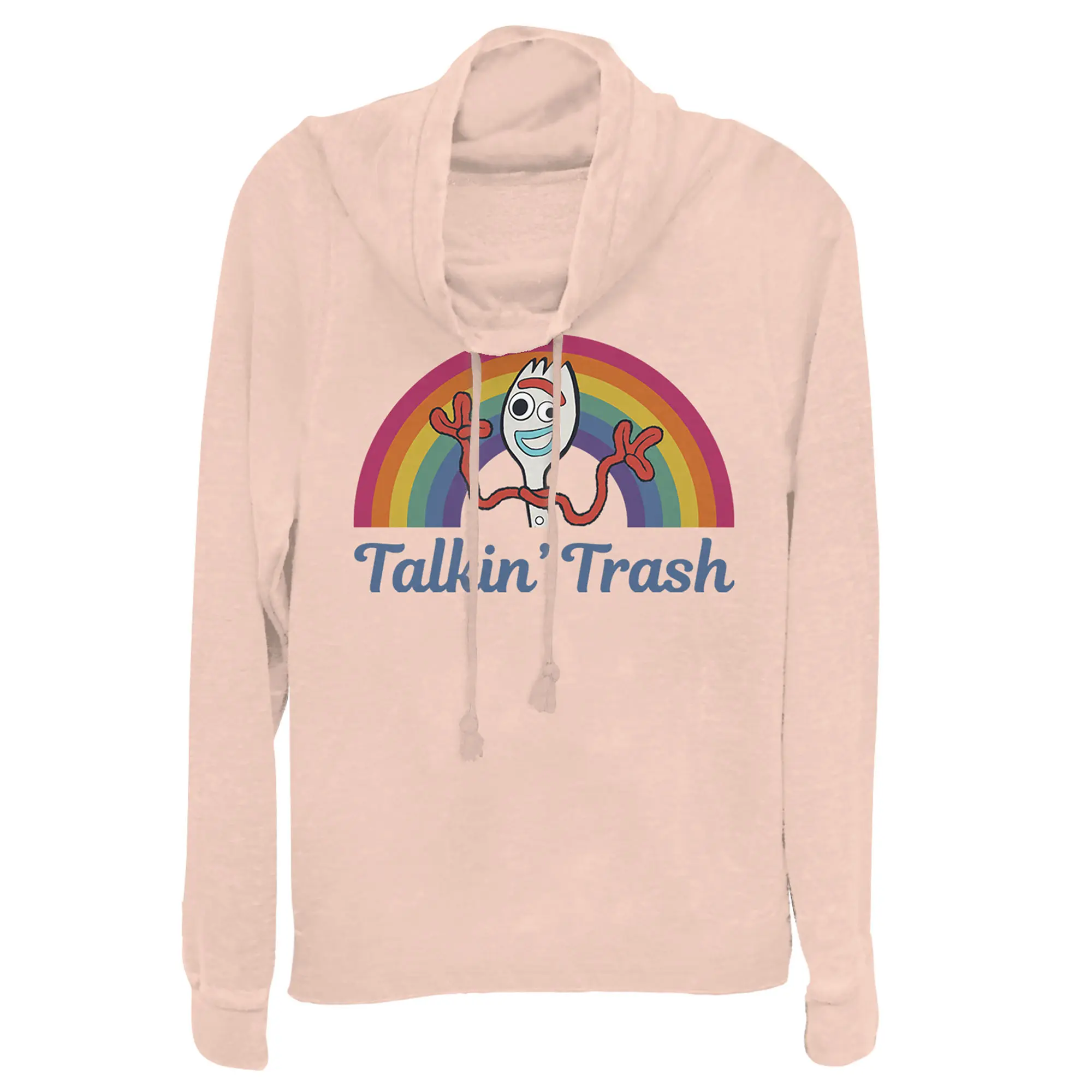 Juniors Womens Toy Story Forky Talkin' Trash Rainbow Cowl Neck Sweatshirt