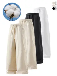 4PCS Men’s 100% Cotton Linen-Style Pants, Elastic Waist, Loose Casual Trousers, Multipack