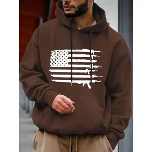 Men's American Flag Print Drop Shoulder Hoodie, Fashion Casual Regular Fit Drawstring Pocket Hooded Sweatshirt for Daily Holiday Outdoor Wear, Men Clothes for Spring & Fall