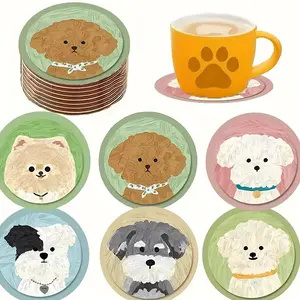 Adorable Round Wooden Coasters Featuring Cute Puppy Designs, Perfect for Coffee Cups, Water Cups, Office Use, And Party Decorations. This Makes an Ideal Holiday Gift for Pet Lovers, Suitable for Homes, Bars, Corporate Gatherings