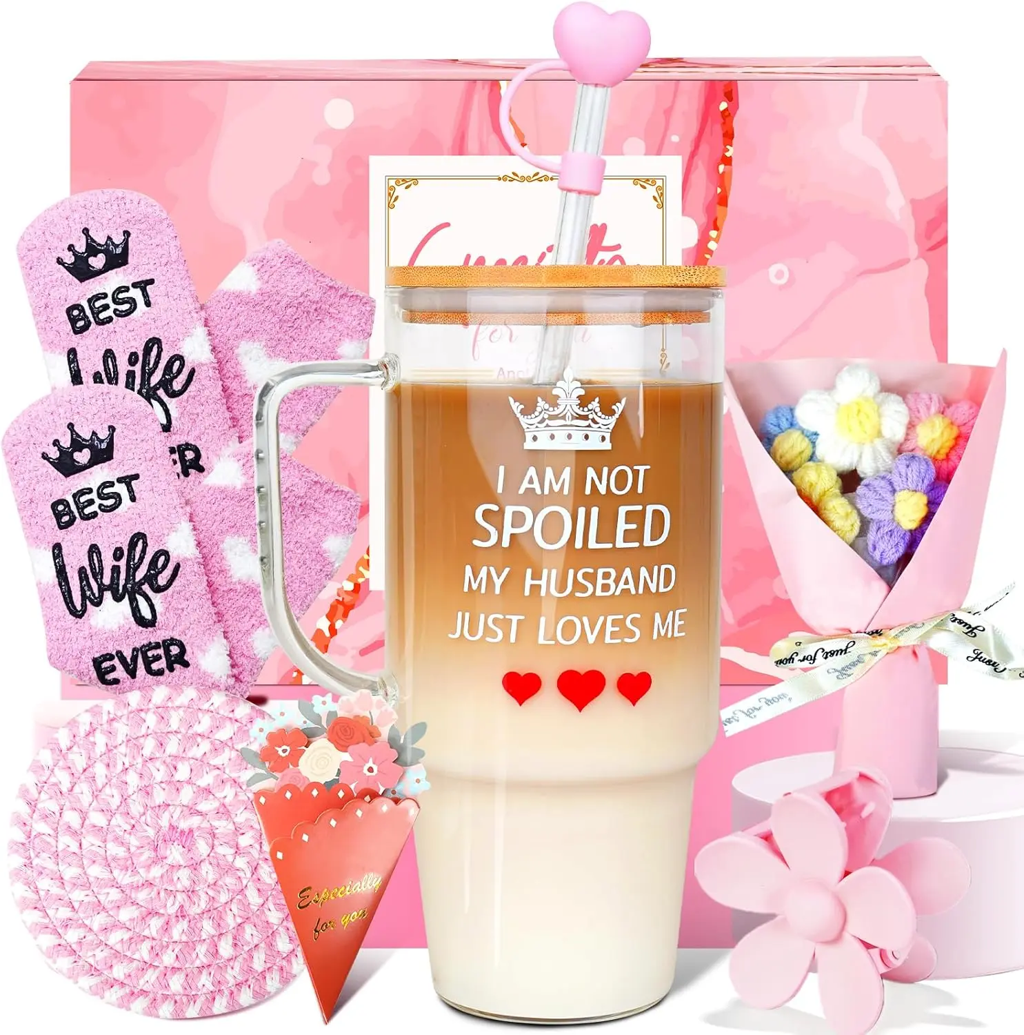 Floral Cup Set - Valentines Gifts for Wife from Husband, Anniversary Box with Bouquet, Cool Birthday Kitchen Drinkware Present for Wifey