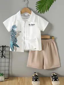 Boys 2Pcs Tropical Leaf Print Set, Cool Summer Beach Outfit for Toddlers, Ideal for Playdates & Vacation