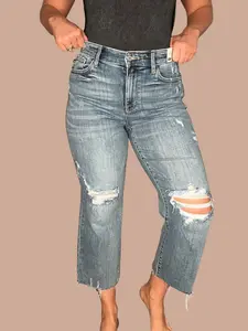 Judy Blue High-Rise Wide Leg Distressed Cropped Jeans