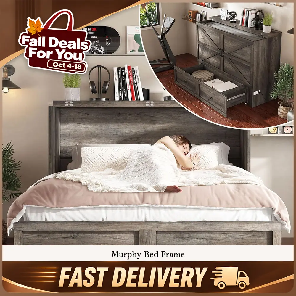 【Ships in 2 Boxes】AMERLIFE Murphy Bed with Storage & Charging Station, Farmhouse Murphy Cabinet with Foldable Panel, Noisy Free, for Guest Bedroom, Living Room, Office  #TikTokShopBlackFriday #cozy home