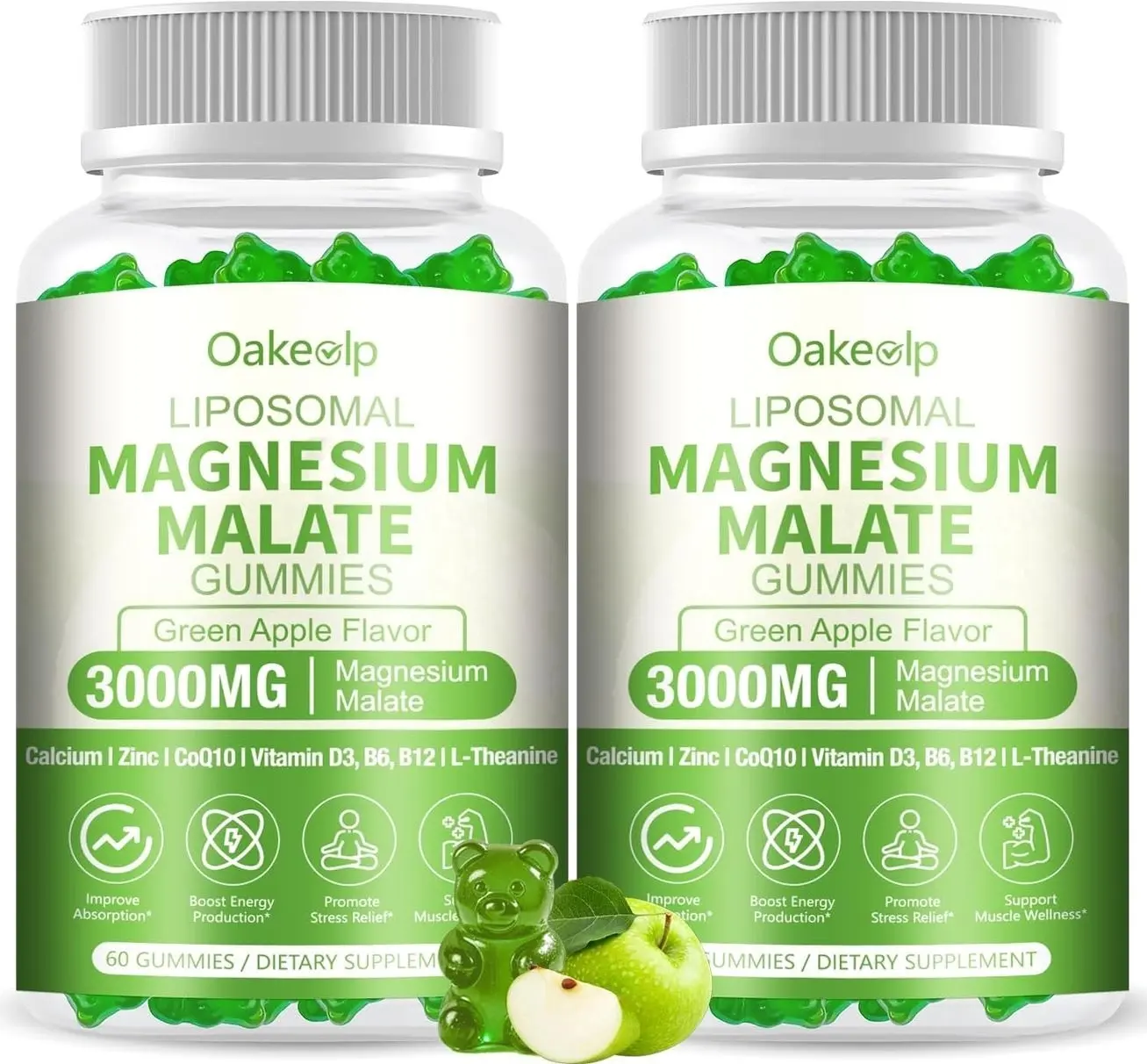 2 Pack 3000mg Liposomal Magnesium Malate Gummies,Complex Creatine Monohydrate,Folate, Active B12 & D3, L-Theanine & CoQ10, for Stress Relief,Methylation, Energy, Muscle & Calm