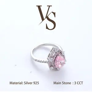[Venus Jewelry] Lab Created Gemstone 3 CCT Tear Drop Shape Halo Luxury Design Solid Silver 925 Ring