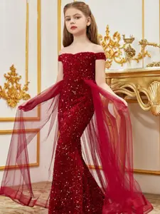 Girls' Luxury Off-Shoulder Sequin Dress, Long Sheer Overlay Mermaid Tail Bodycon Evening Gown, Perfect for Parties