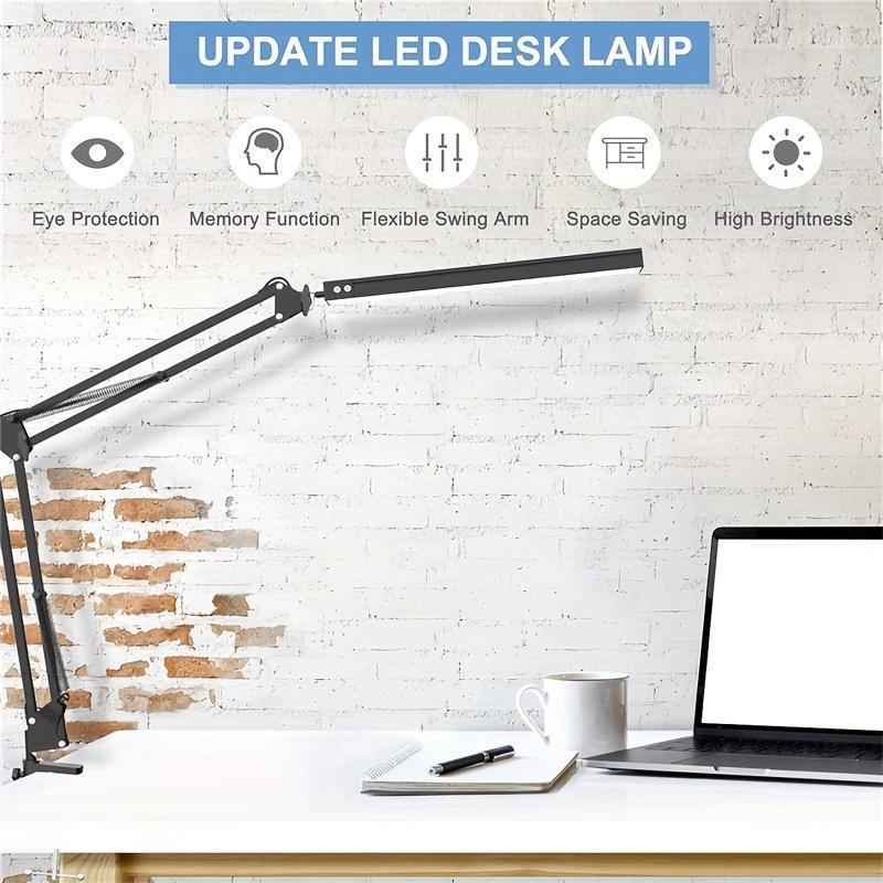 LED Desk Lamp with Clamp Flexible 4 Sections Swing Arm, 3 Color Modes, 5 Brightness, Eye-Caring LED Table Light with Memory Function lamp  for  living  room room light
