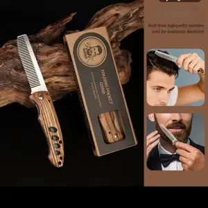 Men's Foldable Wooden Handle Steel Comb for Beard & Mustache High-Quality Stainless Steel Durable Grooming Tool