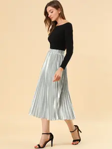 INSPIRE CHIC Party Elastic Waist Metallic Shiny Accordion Pleated Midi Skirt Silver Tone