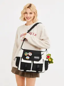 Y2K Messenger Bag for Teen Girls and Women, Cute Multi Pocket Canvas Satchel Purse with Dinosaur Plush Pendant, Trendy Pins, Secure Zipper, Buckle Front Pockets, Lightweight Shoulder Strap, Large Capacity Book Bag for College Essentials, Daily Work, Trave