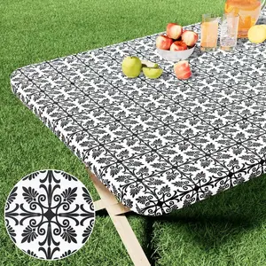 Rectangle Vinyl Table Cloth, Elastic Fitted Flannel Backed Tablecloth, 100% Waterproof Plastic Table Covers For 6 Foot Folding Tables For Picnic, Camping, Outdoor (Black, 30" x 72")