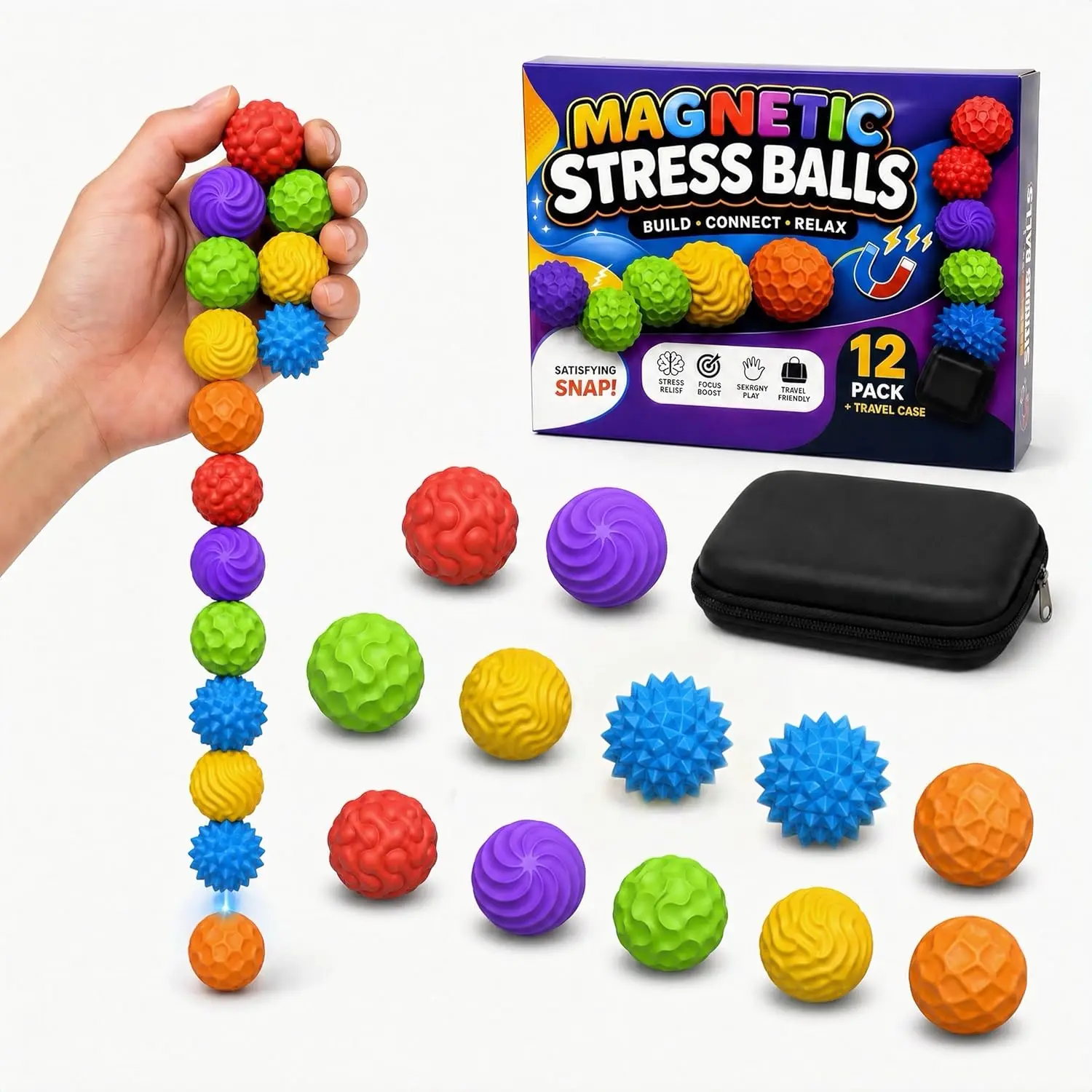 Textured Magnetic Stress Balls for Adults 12+ Years, 12-Pack Silicone Manual Fidget Balls with Travel Case, Oddly Satisfying Classic Stress Relief Toys for Coworkers, Office Desk Accessories, 12 Years Above, Ball Stress Relief Toys