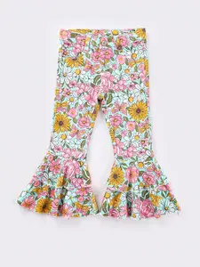 Girls Flower Print Denim Bell Bottom Pants