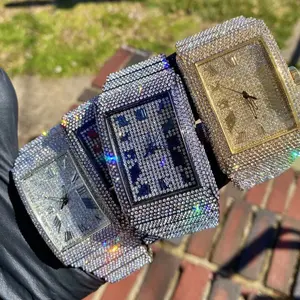 Fully Iced Bling Out Silver PT Mens Heavy Rectangle Dial Flashy Hip Hop Analog Watch