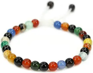 Natural Multicolor Agate Gemstone 6mm Round Beads Adjustable Braided Macrame Tassels Chakra Reiki Bracelets 7-9 inch Unisex