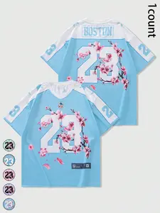 Unisex's Cherry Blossom Floral Print V Neck Fitted Short Sleeve T-shirt, Casual Fashion Fitted Sporty Streetwear Number 23 & Boston Print Tee, Men's Summer Clothes for Daily Wear, Menswear Top