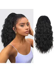 20 Inch Curly Ponytail Extensions Wavy Synthetic Hair Synthetic Deep Wave Drawstring Ponytail For Black Women Human Hair Feeling With Clip In Thick Ponytail Hair Natural Black Hairpiece