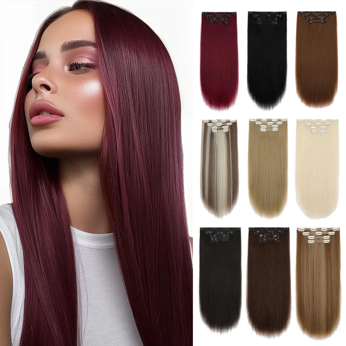 Lansigreen 20 Inch Clip-in Hair Extensions, Natural Straight Synthetic Hairpieces for Women, 4-Piece Thick 205g Set, Soft & Silky for Daily Wear, Clip Hair Extensions, 1 X 4 Counts Full Head With 11 Clips