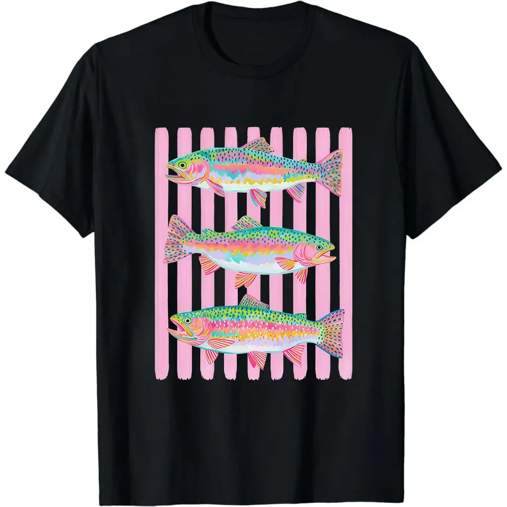 Fish Shirt, Rainbow Trout Fishing Shirt, Preppy Summer Graphic Tee, Bright Color Fish T-Shirt, Outdoor Girls Fishing Shirt Cotton Fit