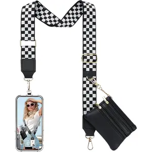 C and Go Phone Strap Crobody with Leather Wallet, Adjustable Anti-Theft Phone Lanyard with Zippered Pouch, Universal Cell Phone Neck Lanyard for All Phone Cases, Checkered Black & White