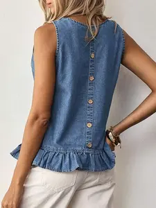 Vacation Casual Sleeveless Denim Top With Back Buttons And Ruffle Hem Round Neck Loose Fit For Country Concert - Fabric