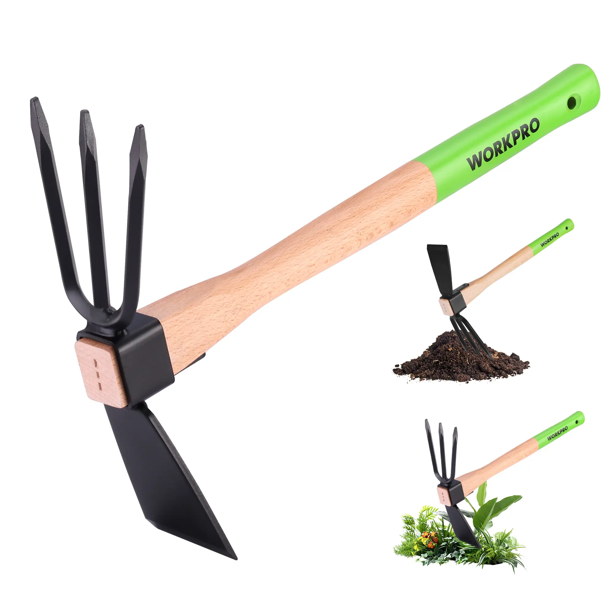 #toolupgrade WORKPRO Hoe and Cultivator Garden Rake with 14" Wooden Handle, Sharp Hoe Blade & Sturdy 3 Claw Tiller, 2-in-1 Heavy Duty Gardening Hand Tools for Digging, Loosening Soil, Weeding, Cultivating