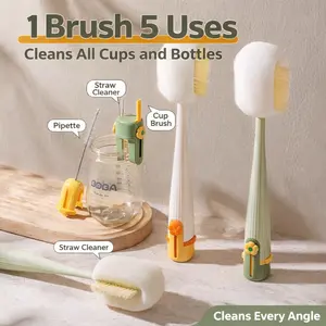 5-in-1 Bottle & Cup Cleaning Brush Set – Long Handle Sponge Brush with Straw Cleaner, Lid Gap Brush & Tube Cleaner for Baby Bottles, Water Bottles, Tumblers, Cups & Travel Mugs