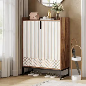 Tribesigns Modern Shoe Cabinet for Entryway, 25 Pairs Shoe Cabinet with Doors, Wood 5-Tier Shoe Organizer, Freestanding Brown Shoe Storage Cabinets with Black Metal Frame for Bedroom Living Room