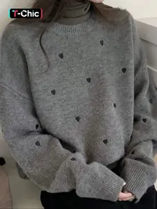 Women's Heart Embroidery Drop Shoulder Sweater, Casual Long Sleeve Round Neck Jumper for Fall & Winter, Fashion Ladies' Knitwear for Daily Wear