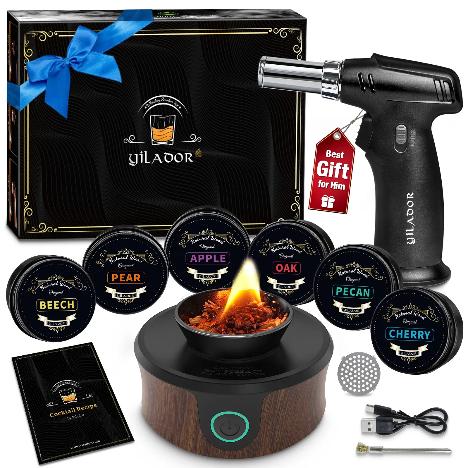 Yilador Electric Cocktail Smoker Kit, Drink Cocktail Kit for Old Fashioned Bourbon Whiskey etc., 6 Flavours Wood Chips, Bar Sets & Bar Utensils (Without Butane)