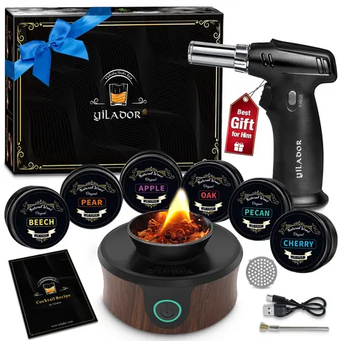 Yilador Patent-Pending Electric Cocktail Smoker Kit - 6-Flavor Natural Woods, Bar Set & Utensils for Taste Enhancement, Bourbon, Meat & Dessert Use, Fathersdaygift, Birthdays (Butane Not Included) for Bourbon Enthusiasts