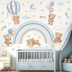 Rainbow Animal Wall Decals Hot Air Balloon Animals Bear Clouds Wall Stickers Baby Nursery Kids Bedroom Living Room Wall Decor