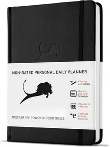 Daily Planner, Calendar & Life Organizer to Improve Time-Management, Productivity & Happiness | Vegan Leather Hardcover Notebook with Blank Dates, Undated 6 Months Hourly Planner for Men & Women, 24 Hour Agenda (Black)