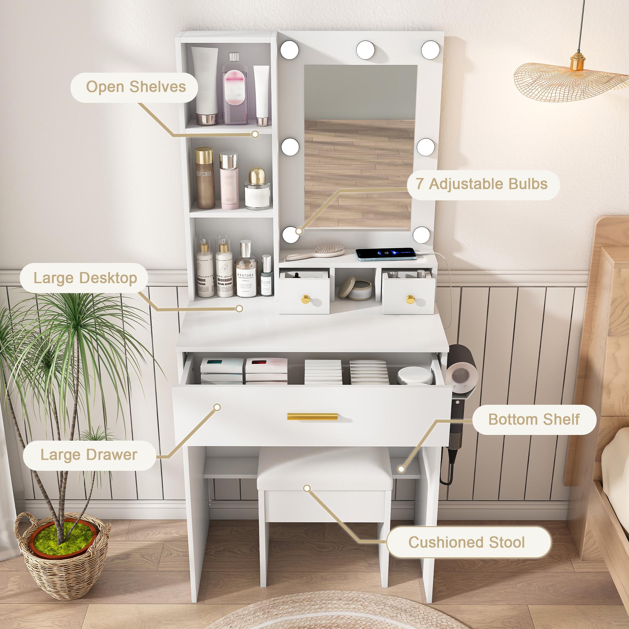 Makeup Vanity Desk with Adjustable LED Mirror, Built-in LED Lighting, Power Outlet, Hairdryer Holder & Stool, Compact Indoor Furniture for Small Bedrooms (Fixes Poor Lighting & Tangled Cords), Adjustable Led Vanity Mirror Makeup Vanities