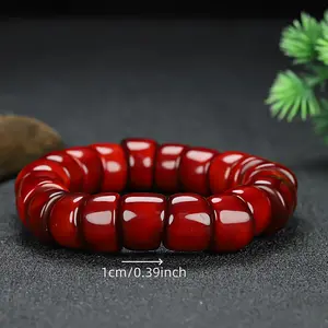 Natural Amber Resin Bead Bracelet - Unisex Cylindrical & Spherical Beads, Smooth Glossy Handmade-Look Jewelry, Rich Red Amber Color, Minimalist Bold Chain-like Design for &, Durable Casual Attire Gift (No Tools
