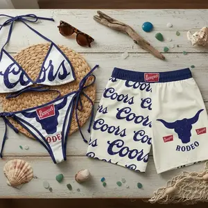 Collection Coors Swimsuits For Couples - Swim Bra & Tie Side Thong Bikini + Men's Beach Shorts, Summer Vacation Swimsuit, Hawaiian Short