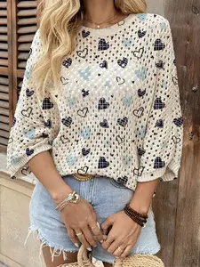 Summer Round Neck Batwing Sleeve Knit Top, Heart Polka Dot Print, Boho Beach Cover-Up, Casual Elegant Commute, Women's Bikini Cover-Up, Boho Romantic Sleeve
